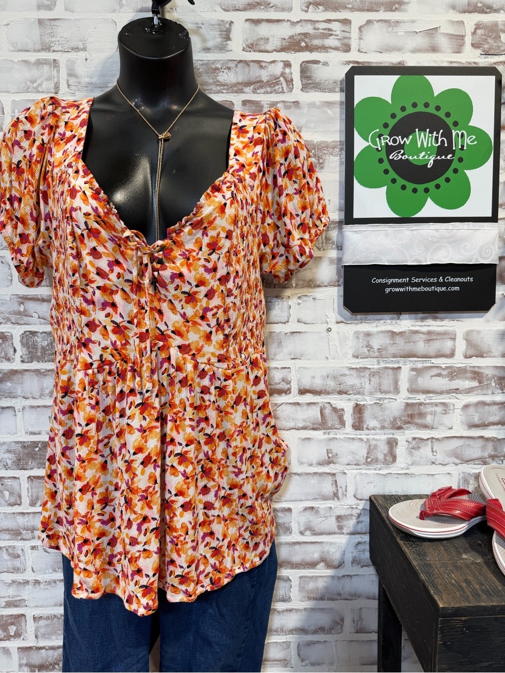 torrid Orange Multi Floral Tie-Front Puff Sleeve Blouse